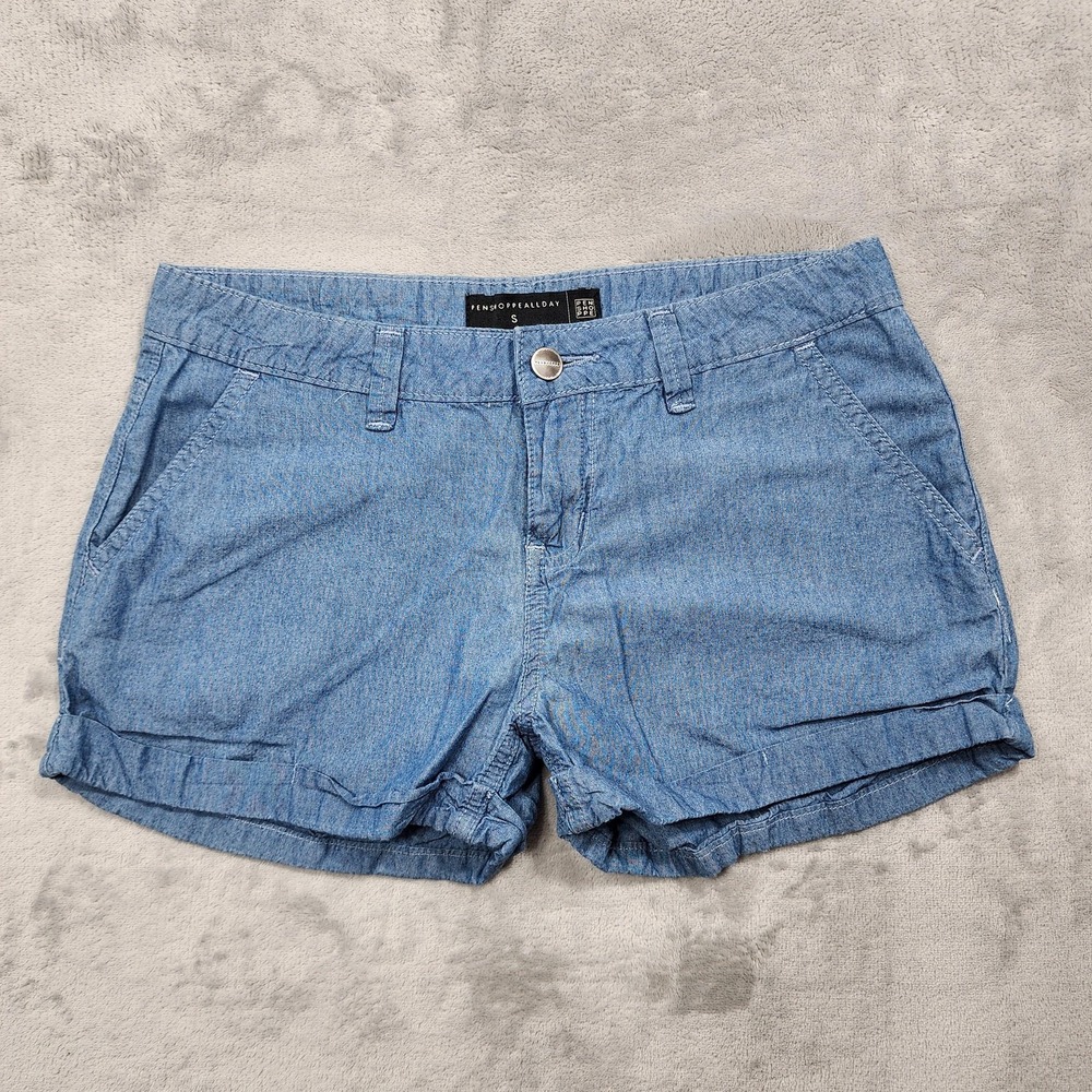 Penshoppe Shorts Womens S Blue Chambray Cuffed Chino Flat Front Preppy Casual
